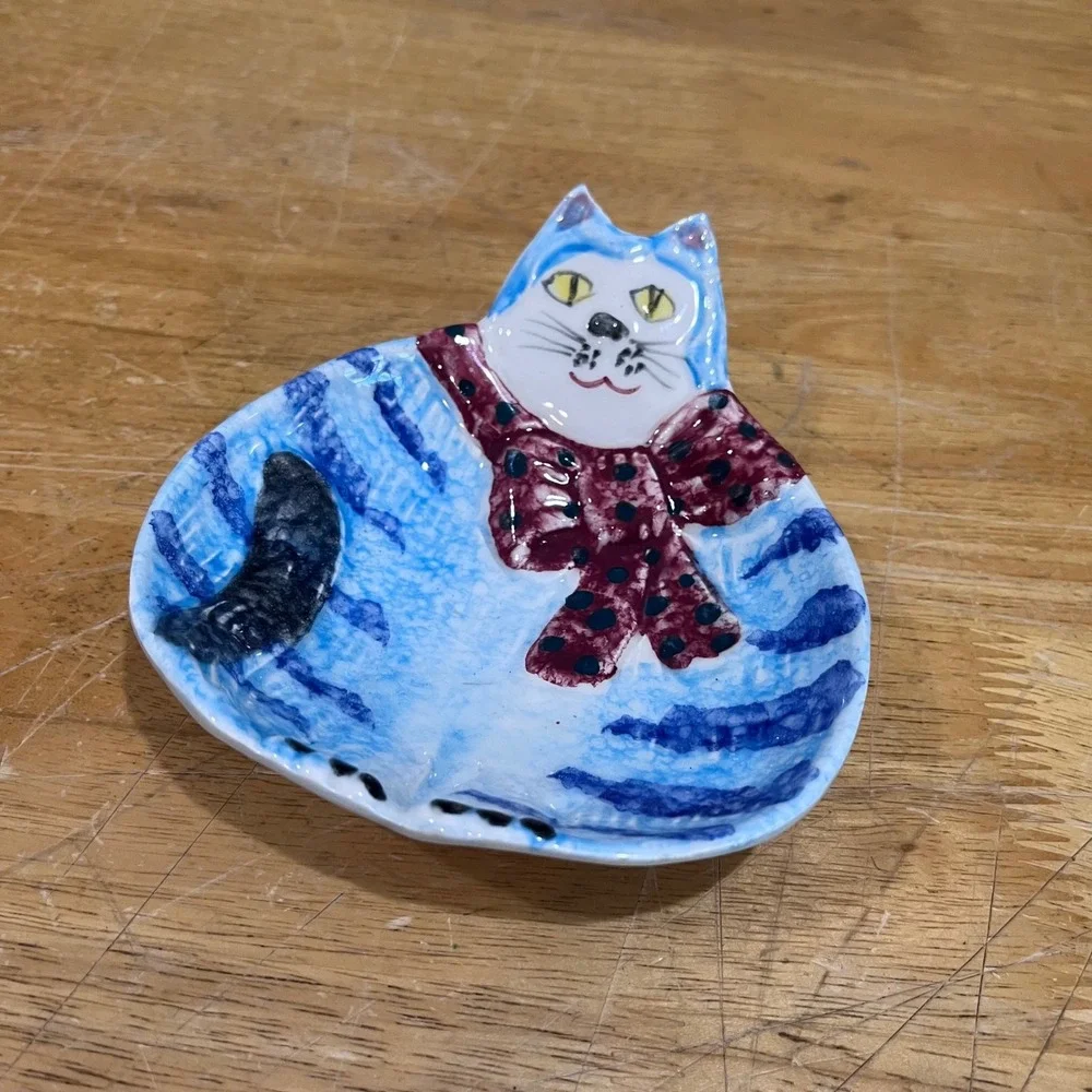 Vtg‎ Reading China & Glass Italy Ceramic Blue Cat Trinket Dish Kitschy Folk Art